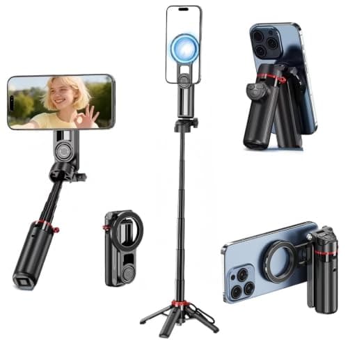 Mini Magnetic Selfie Stick Tripod,18.2" Extendable Phone Mount for MagSafe, 360°Rotation Travel Stand with Rechargeable Remote&Hand Grip Mode, Compatible with iPhone&Android,Video Recording