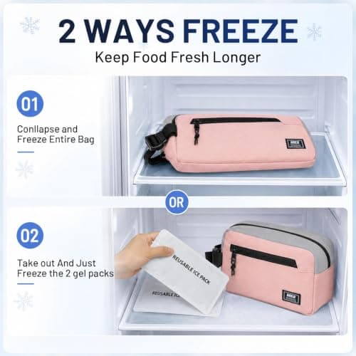 MIER Freezable Lunch Bag for Kids with Bulit-in Ice Packs, Pink/Grey, 3L — view 4