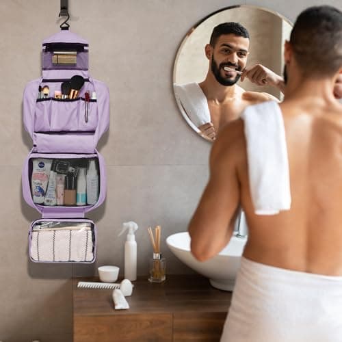 Homchen Hanging Travel Toiletry Bag, Waterproof Folding Portable Cosmetic Wash Bag for Men and Women (M, Light Purple) — view 6