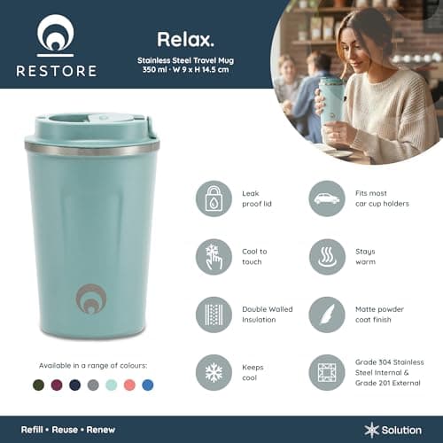 Restore Coffee Cup, Insulated Coffee Cup with Leakproof Lid, Relax Stainless Steel Travel Mug, Insulated Double Wall Cup for Hot/Cold Drinks (1, Blue) — view 2