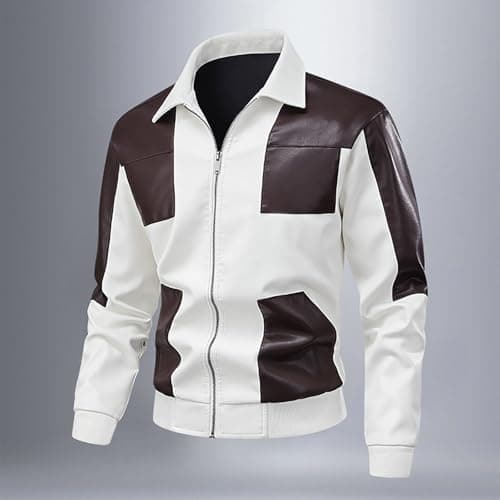 Men's PU Outdoor Casual Style Loose Jacket Coat Stand-Up Collar Leather Jacket Leather Sleeves Sewing Jacket Punk Bomber Jacket Vintage Black White Motorcycle Jackets Casual Autumn Winter Wind Jacket — view 6