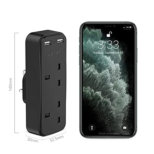 JSVER Double Plug Adapter with 2 USB Charging ports,Multi Sockets Plugs Extension Wall Charger Adapter 13A Power Socket for Travel, Home and Office, Black — view 4