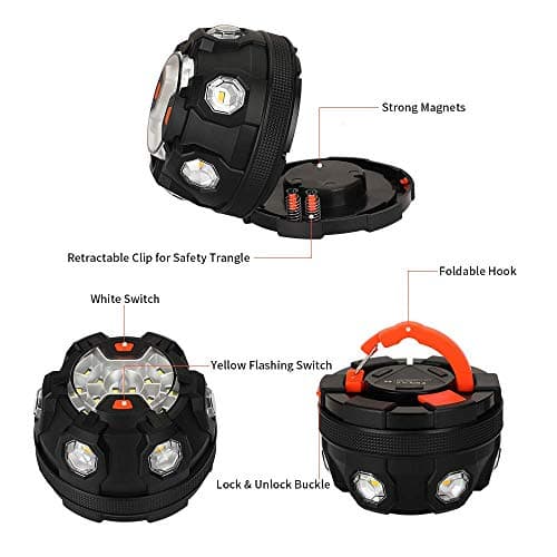 Car LED light Road Flares, Vehicle Emergency Breakdown Kit, with 8 Amber Flashing modes,Warning Signal beacon disc for safety with 1.5km 360 degree visibility plus magnetic base and hook attachment — view 2