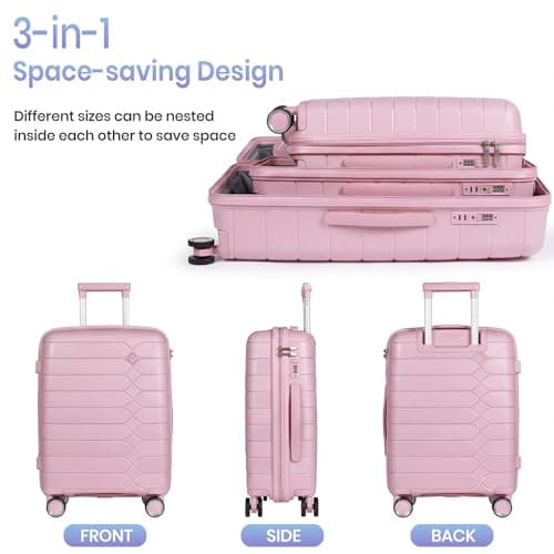 H.yeed 3 Piece Suitcase Set PP Hard Shell Luggage Set Lightweight Carry on Travel Hand Luggage with Spinner Wheels & TSA Lock 20" 24" 28" (Pink, 3 pcs Set) — view 4