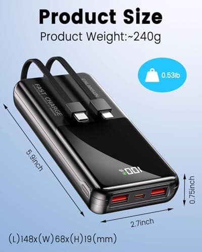 Power Bank Fast Charging 20000mAh 22.5W Portable Charger with Built-in Cables USB-C PD3.0 QC4.0 Powerbank Battery Pack with LCD Display for iPhone 17 16 15 14 13 Android and more — view 5