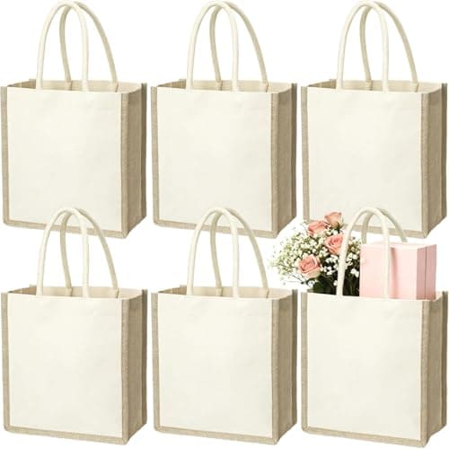 SOUJOY 6 Pack Burlap Tote Bags, 23×25cm Reusable Jute Gift Tote with Handles, Small Beach Bags, Canvas Grocery Shopping Tote for Thanksgiving, Christmas, Bridesmaid, DIY, Shopping, Pool, Wedding Bag
