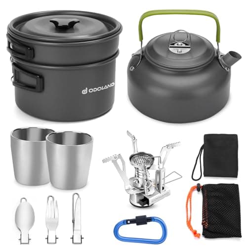 Odoland Camping Cookware Mess Kit with Stove, Lightweight Outdoor Pot Pan Kettle with 2 Cups, Fork Spoon Cookware Set Carabiner Backpacking Picnic Gear for Trekking and Hiking for 2 People