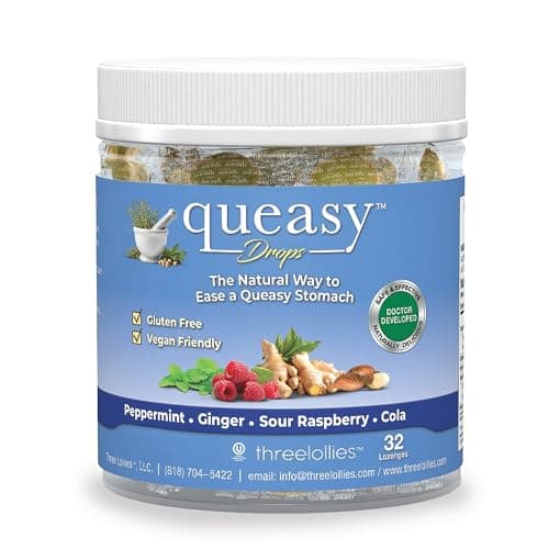 Three Lollies Queasy Drops - Relief from Nausea & Travel Sickness - Soothes a Dry Mouth & Settles Stomach - Natural Ingredients - 32ct