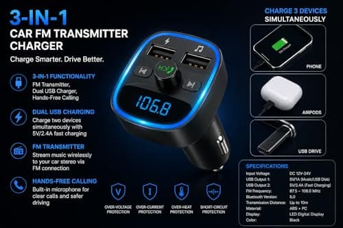FM Bluetooth Car Adapter with Dual USB Fast Charger, Hands-Free Calling, MP3 Player & Voltage Display for Cars & Campervans — view 5