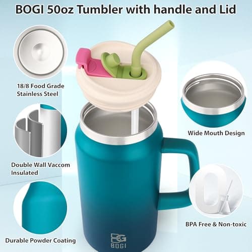 BOGI 50oz Tumbler with Straw and Lid,Large Capacity Travel Mug with Handle Insulated Stainless Steel Water Bottle Cup Keep Cold and Hot for Tea Coffee, Leak-Proof, BPA-Free, Non-Slip | BDblue — view 4