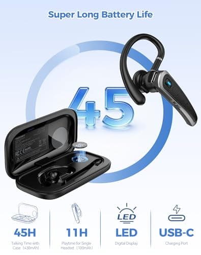 TECKNET Bluetooth Earpiece, Bluetooth 5.4 Wireless Headset with Dual Mic ENC Noise Cancelling & Mute, Real-Time AI Translation, 56H LED Charging Case, Single-Ear Headset for Business, Travel, Truckers — view 4