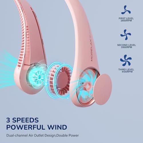 Morelax Neck Fan, Portable Neck Fan,Hands Free Bladeless Mini Fan with 360°Cooling Airflow, 3 Speeds Adjustable,Ultra Quiet Wearable, Suitable for Indoor Outdoor Travel Sports (Pink) — view 3
