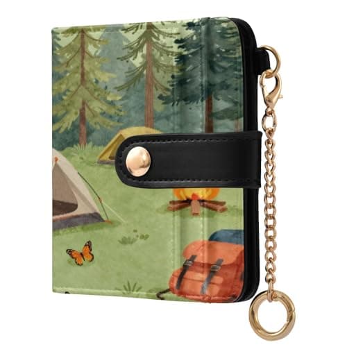 xigua Camping-Tents-Forest-Illustration-Nature-Tree Wallet for Women, Small Slim PU Leather Credit Card Wallets RFID Blocking Bifold, Zipper Coin Pocket Purse