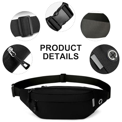 RISIPU Bumbags for Ladies Men,Waterproof 3 Zip Pockets Waist Bag with Headphone Jack and Adjustable Strap,Lightweight Bum Bag for Sport Running Hiking Cycling Travel ，Black — view 5
