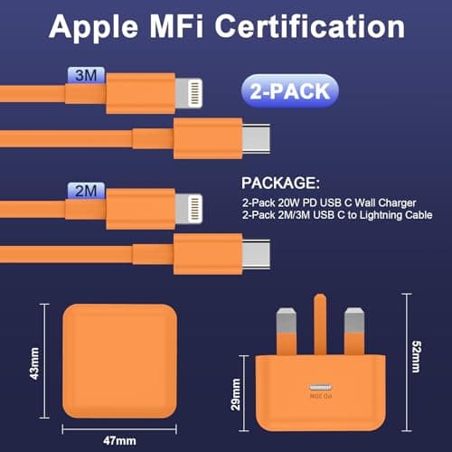 iPhone Charger Fast Charge 20W PD Fast for Apple Charger UK USB C Plug With 2M&3M iPhone Fast Charger Cable [ MFi Certified] Lightning Cable for iPhone 14 13 12 11 Pro Max, iPad (Orange, 2Packs) — view 2