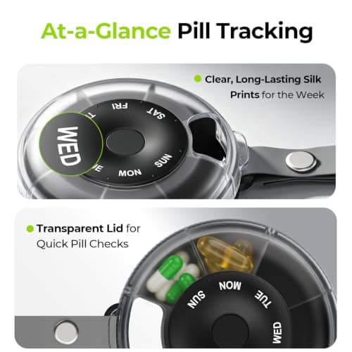 AUVON Travel Weekly Pill Organiser, One-Time Refill Design, Carry Handle | Portable Pill Box 7 Day 1 Times a Day with Magenetic Rotating Design, Tablet Organiser for Fish Oils, Vitamins, BPA-Free — view 5