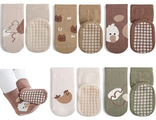 Exemaba Baby Socks with Grips for Girls Boys Cute Animal Cartoon Toddler Kids Anti-Slip Socks(D 5 Colors,M/1-3 Years)
