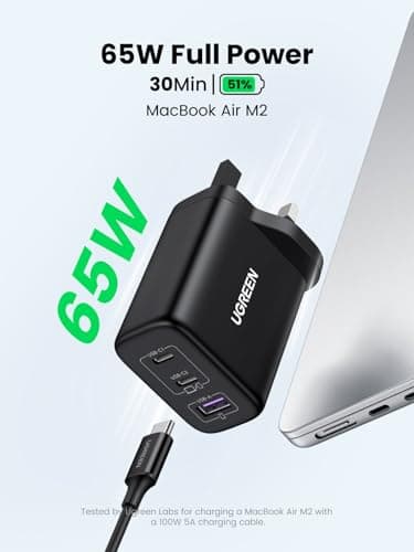 UGREEN USB C Charger 65W GaN Fast Charger 3 Port Compact Travel Plug — view 2