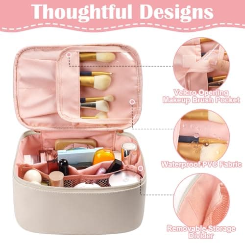Aucuu Travel Makeup Bag, Portable Cosmetic Bag with Removable Divider, PU Leather Water-Resistant Toiletry Bag, Makeup Organiser Bag with Brush Organiser and Handle, Essentials for Women Travel — view 4