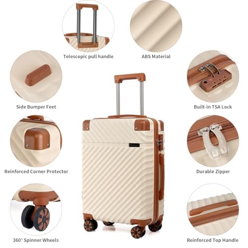 Cosbarn Luggage Sets 5 Piece with TSA Lock Spinner Wheels, Unisex Hard Case ABS Suitcase Set, Hardshell Lightweight Waterproof Travel Hardside Suitcases with Wheels for Women Men, Beige, 5 Piece Sets — view 2