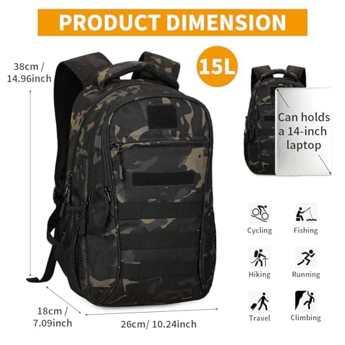 HUNTVP Small Backpack 15L/25L, Tactical Military Backpack Molle Rucksack for Men & Women, Versatile Daypack for School, Work, Cycling, Motorbike — view 3