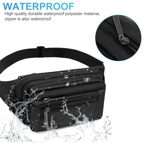 REETEE Waterproof bumbags for Ladies Men Fashion Bum Bag with Adjustable Belt and 5 Zipper Pockets Large Capacity Fanny Pack Waist Bag for Outdoors, Sport, Hiking, Travel (A-Black) — view 2