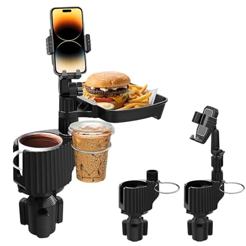 Figtacico Car Cup Holder Tray - 4 in 1 Car Cup Holder Expander with Metal Cupholder, Detachable Tray and Adjustable Phone Mount for All Purpose, Automotive Essentials for Driver and Front Passenger