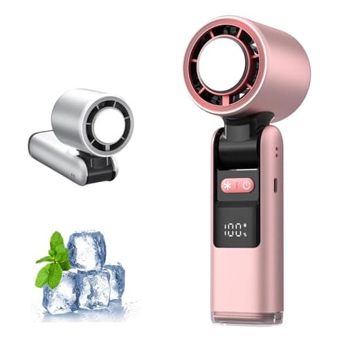 Portable Handheld Turbo Fan with Ice Cooler, Foldable Mini USB Fan with LED Display, 100-Speed Cooling Fans for Travel, Office, Camping, Home Use, Powerful Rechargeable Fans for Men & Women (Pink)