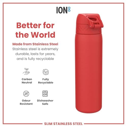 Ion8 Lightweight Steel Water Bottle, 600 ml/20 oz, Non-Insulated, Leak Proof, Easy to Open, Secure Lock, Dishwasher Safe, Flip Cover, Fits Cup Holders, Carry Handle, Metal Water Bottle, Red — view 6