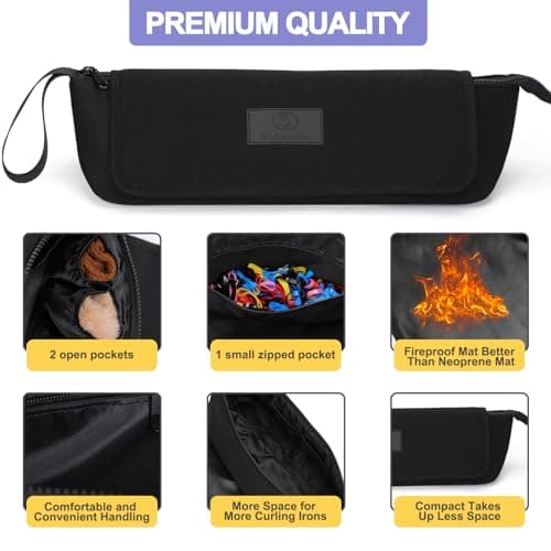 Travel Essentials Neoprene Hair Styler Bag w/Heat Resistant Mat for Flat or Curling Irons, Straighteners Haircare Accessories, Airport Essentials, Gifts for Women Friends Sister (Black-Fireproof Mat) — view 3