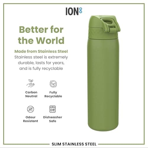 Ion8 Lightweight Steel Water Bottle, 600 ml/20 oz, Non-Insulated, Leak Proof, Easy to Open, Secure Lock, Dishwasher Safe, Flip Cover, Fits Cup Holders, Carry Handle, Metal Water Bottle, Khaki Green — view 5