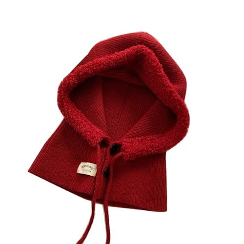 2in1 Winter Warm Hat for Women Knit Hooded Hat Outdoor Activity Scarf Cap Windproof Casual Shawl Fashionable Winter Travel Accessory Red