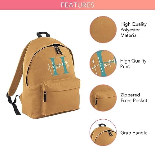 Print Maniacs Personalised Any Name Large 18L Kids Travel Backpack Junior Shoulder Collage Rucksack School Lunch Swimming P.E Laptop Book Bag (Caramel, Teal/White) — view 3