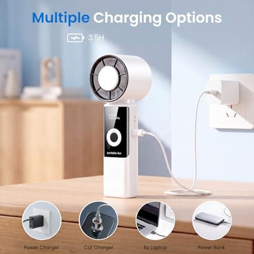 Phimke Portable Handheld Fan, High Speed Turbo Hand Held Fan with Speed (1-199) 4000mAh Battery Up to 16hrs, Rechargeable Mini Hand Fan with LED Display, Foldable Portable Fan for Home Outdoor (White) — view 5