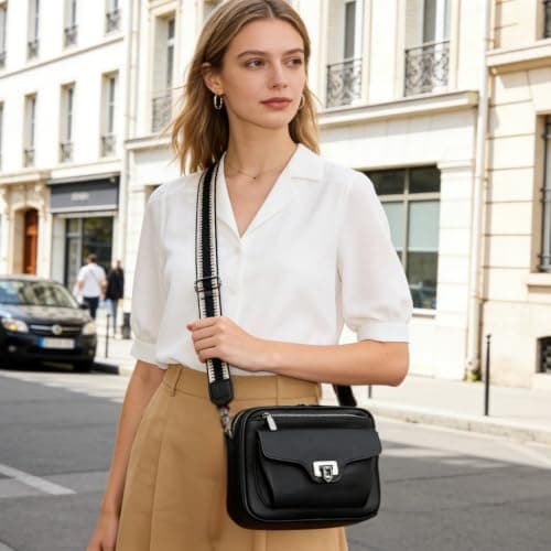 Myhozee Cross Body Bag Women Handbags for Women Vegan Leather Shoulder Bag Handbag with Adjustable Wide Strap Function 6 Compartments for Ladies Girls Travel Shopping Work Daily Use Black — view 2