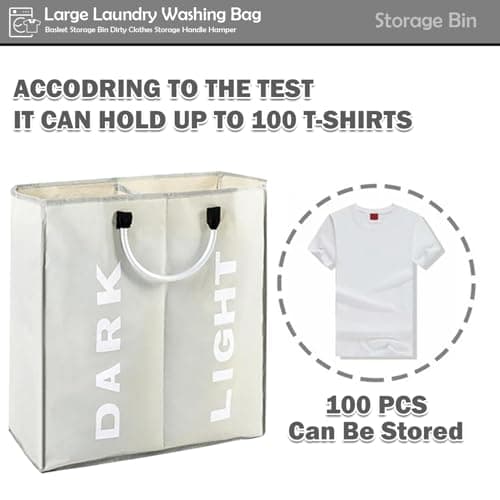Double Compartment Laundry Basket with Handles | Collapsible Divided Clothes Hamper for Dark and Light Washing | Large Slim Portable Laundry Storage Bag for Home Dorm Travel Light Grey — view 6