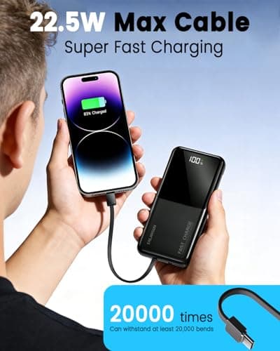 Power Bank Fast Charging 20000mAh 22.5W Portable Charger with Built-in Cables USB-C PD3.0 QC4.0 Powerbank Battery Pack with LCD Display for iPhone 17 16 15 14 13 Android and more — view 2
