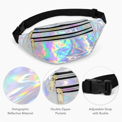 Fashion Metallic Bum Bag,Holographic Waist BagFanny Double Zipper Belt Bag Festival Rave Bumbags Waterproof Hip Pouch for Women Ladies Girls Travel Party Festival Sports Outdoor (Silver) — view 2