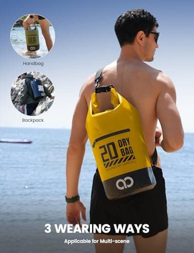 Lamicall Dry Bag, Waterproof Bag - [Robust & Anti-Scratch] 5L/10L/20L/30L/40L Waterproof Backpack with 100% Water Proof Phone Pouch, Floatable Drybag for Boat Swimming Kayaking Camping - Yellow(20L) — view 5