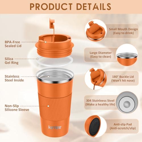 KETIEE Insulated Travel Coffee Mug With Leakproof Lid - Double Walled Stainless Steel Cup for Hot and Cold Drinks - 510ml, Orange Brown — view 2
