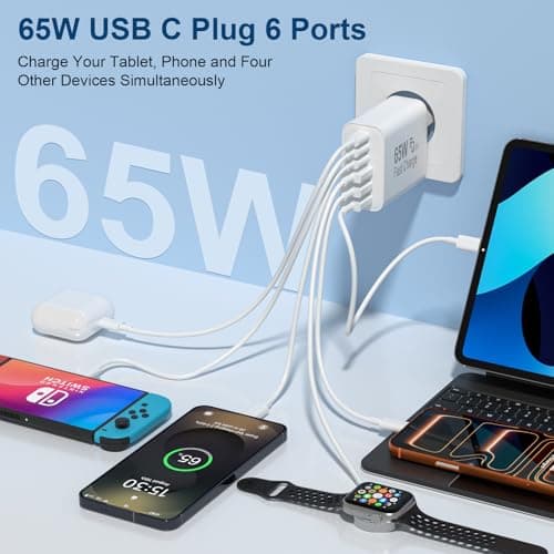 BSTOEM USB C Plug Fast Charge, 65W 6-Port UK Multi USB Wall Plug 25W(MAX) — view 3