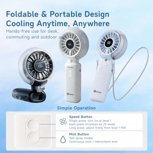Qumox Handheld Foldable Mist Fan, Portable Rechargeable USB Mini Fan, Blue — view 4