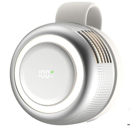 Portable Clip-On Fan with LED Light,Ultralight Mini Fan,5 Speeds Silent Bladeless Neck Fan,360° Rotatable Collar Waist Fans,USB Rechargeable,Hands Free,Power Display,for Outdoor,Travel,Summer,White — view 4