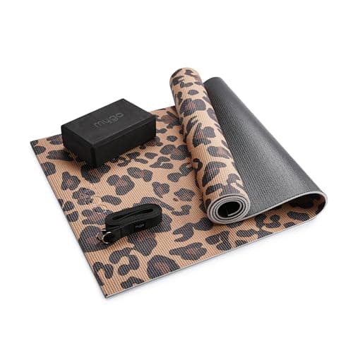Myga Yoga Starter Set – 6mm Non-Slip Exercise Mat with Block & Strap – Beginner Yoga Kit for Home, Gym & Travel – Ideal for Pilates & Meditation – Durable, Eco-Friendly & Gift-Ready (Leopard)