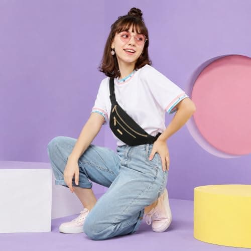 IPQNQVEY Fanny Pack Fashionable Waist Bag Unisex Fashion Waist Bag Casual Travel Bum Bag with 3 Zipper Pockets for Adult Sports Running Hiking Jogging (Black) — view 5
