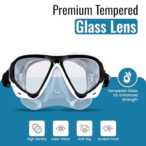 Two Bare Feet Adults Snorkel and Mask Set – Dry Top Silicone Snorkel, Anti-Fog Tempered Glass Dive Mask – Leak-Proof, Adjustable Fit for Swimming, Snorkelling & Diving Holidays (M2006S+S11S (White)) — view 3