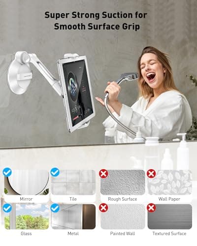 AboveTEK Tablet Stand with Suction Cup, Adjustable Tablet Holder Mount for Desk, Car Windscreen, Mirror or Glass – Fits 4”-11” Tablets & Phones, iPad Mount for Home, Office (White) — view 2