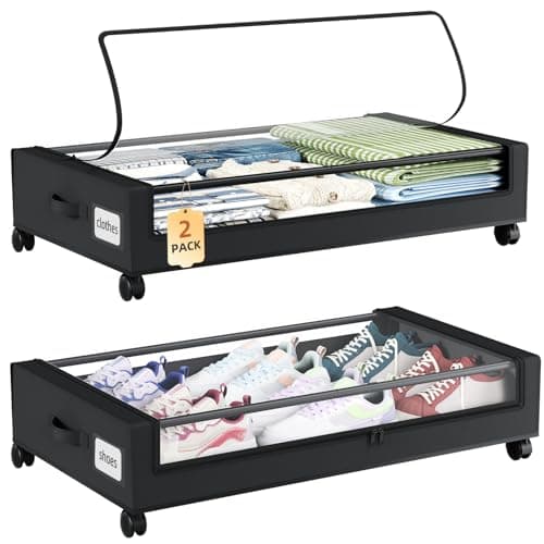 Somdot 48L Under Bed Storage Box, Large Capacity Under Bed Storage on wheels with Lid and Zip, Foldable Organiser for Clothes Bedding and Shoes, Black, 2 Pack