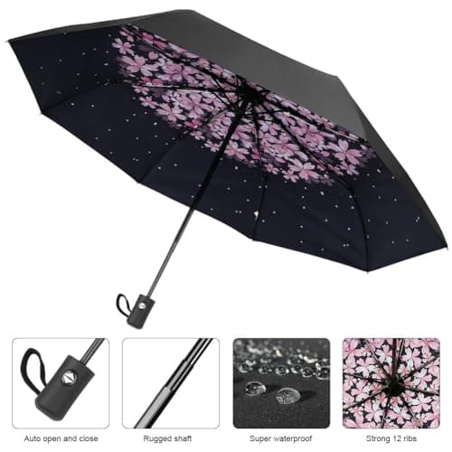 Aolso Travel Umbrella - Windproof Automatic, 8 Ribs Compact Folding, Auto Open/Close, Portable for Men & Women-Cherry blossoms — view 4