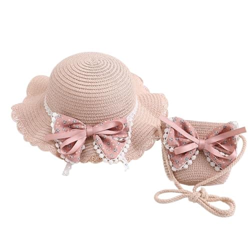 Moonlove Toddler Girls Straw Sun Hat and Mini Purse Set with Floral Lace Bow, Travel Bucket Hat & Cross Body Bag Sun Protection Outing Outdoor Garden Summer Beach Accessories for Kids 2-5Y